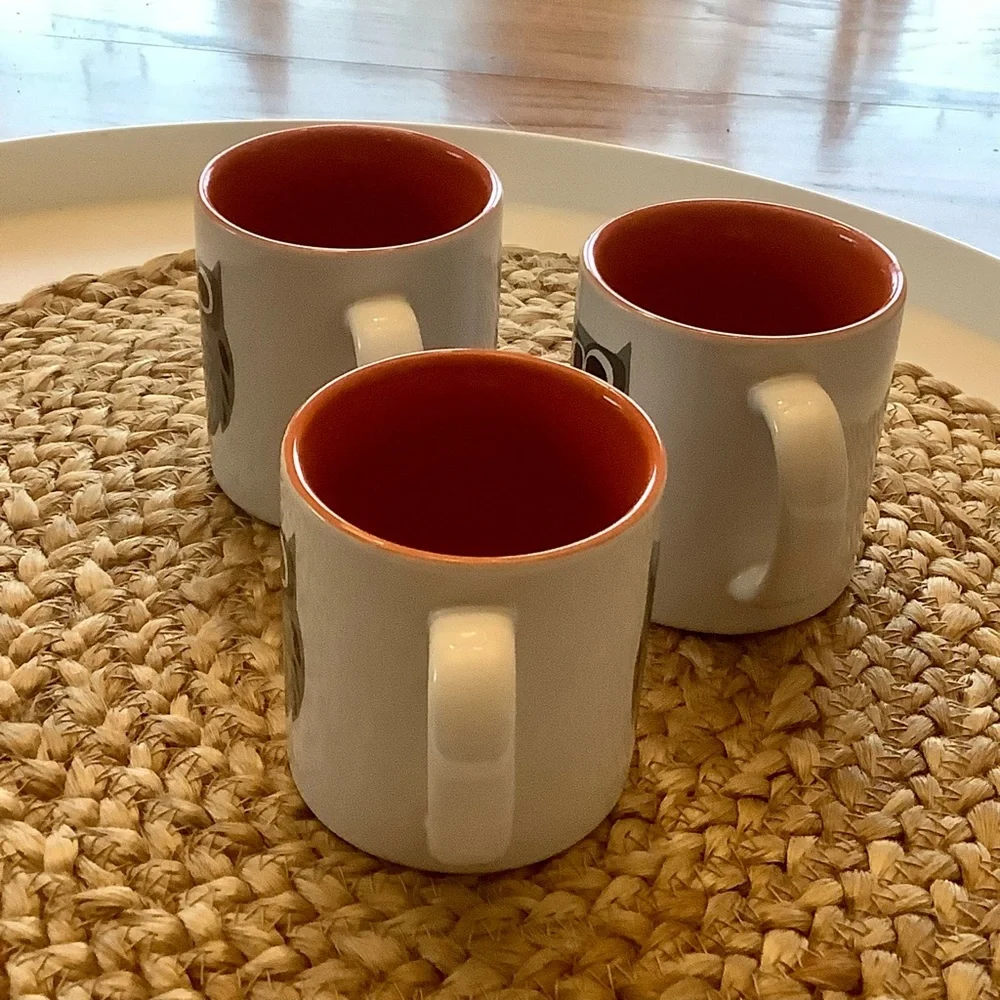 Crate & Barrel Owl Coffee Mug Cup Three Piece Matching Set 8 Ounces * Dual sided